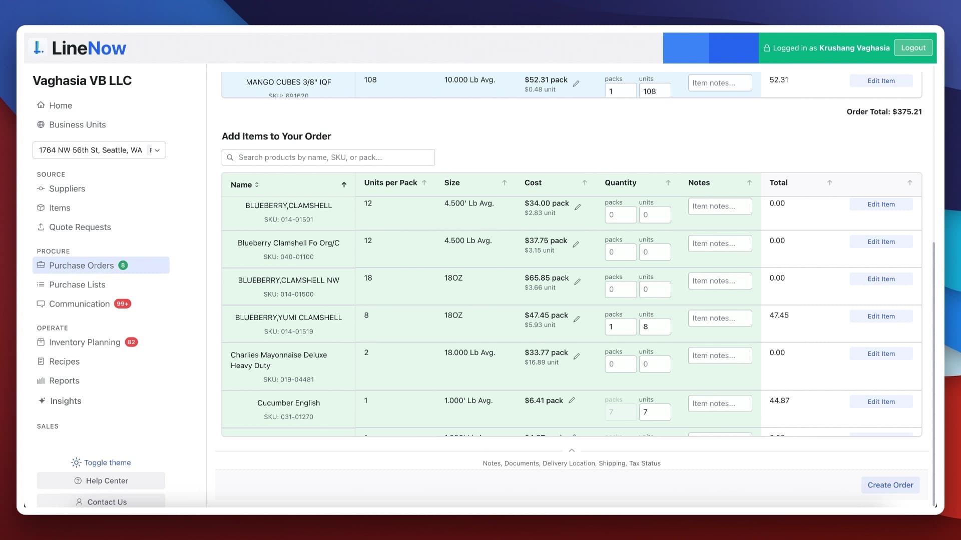 LineNow purchase order workspace with units per pack, pack costs, quantities, and notes