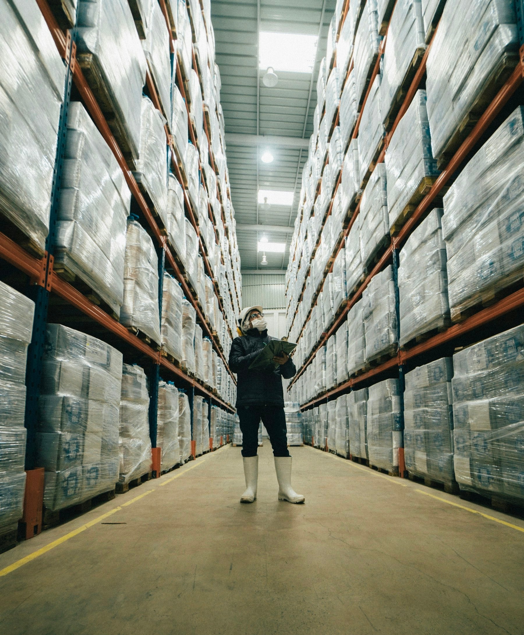 Stockroom operator checking goods between warehouse shelving