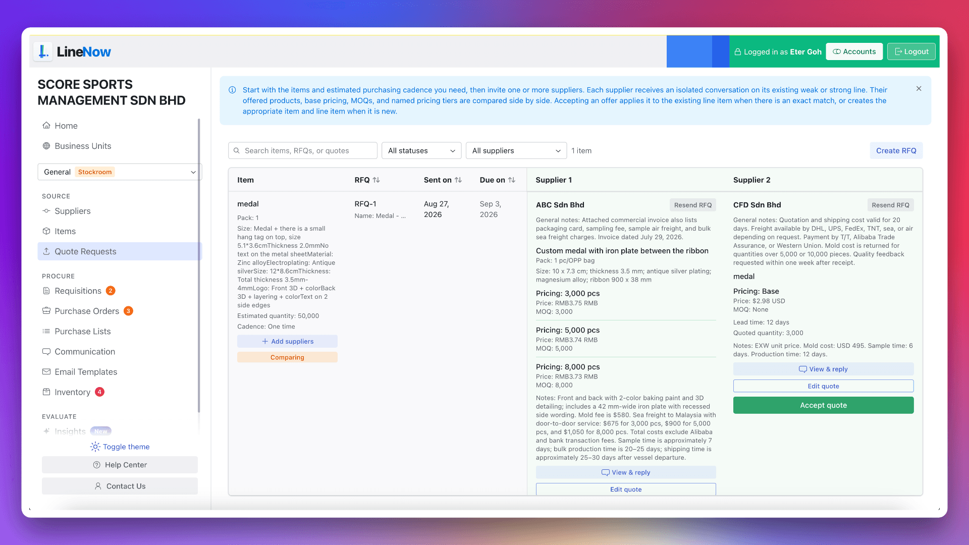 LineNow RFQ comparison workspace showing a requirement and competing supplier offers, price tiers, minimum quantities, and terms