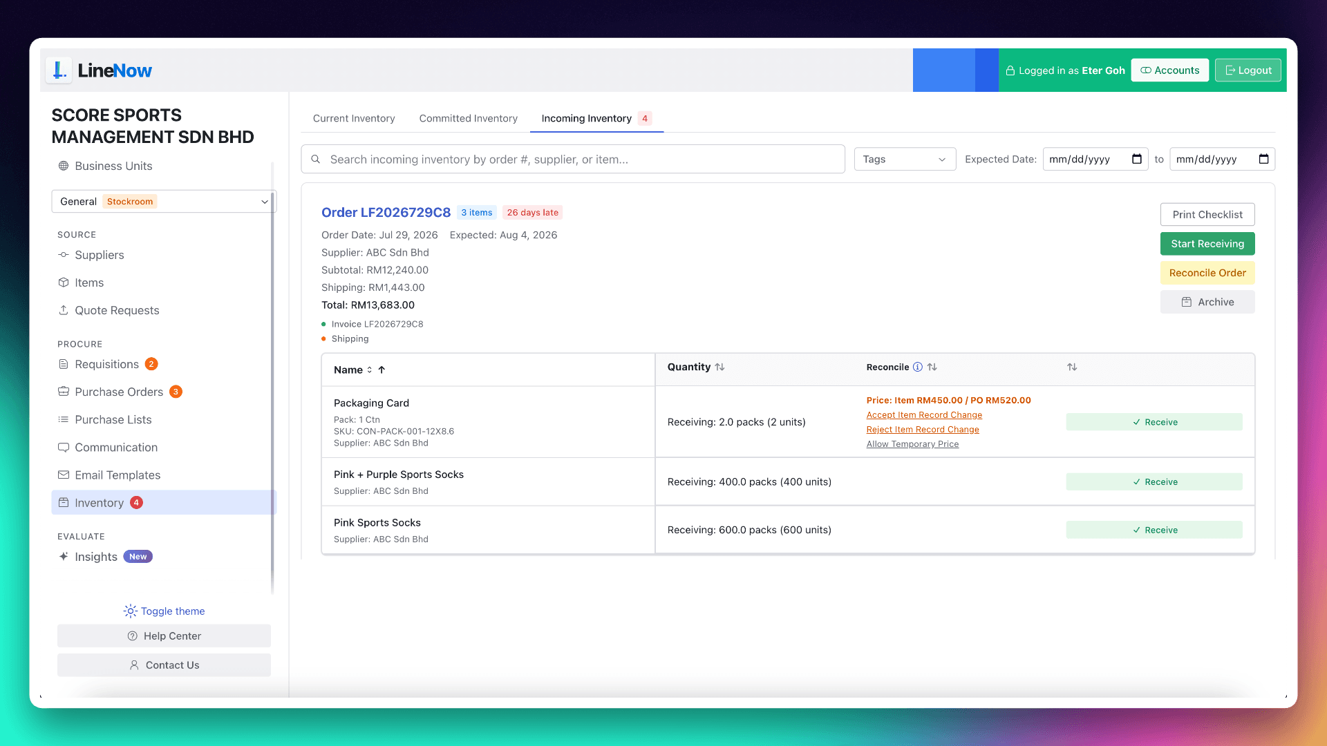 LineNow incoming inventory workspace for receiving orders and reviewing delivery differences