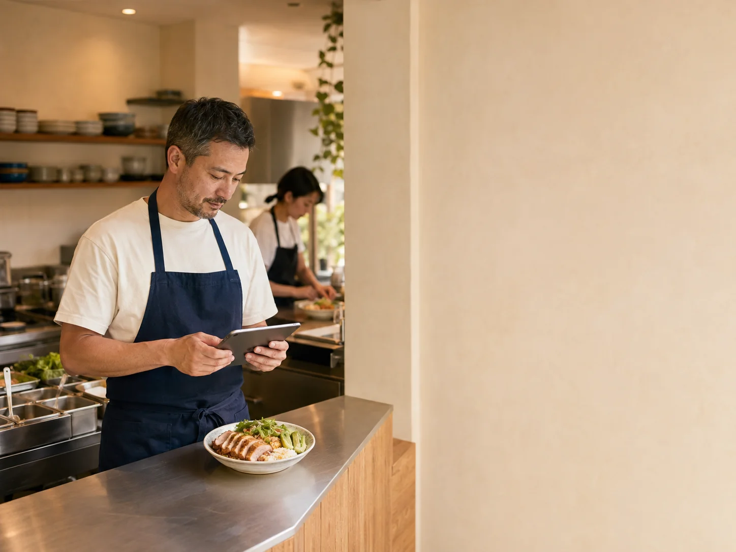 Restaurant operations manager reviewing lunch demand beside a chicken bowl