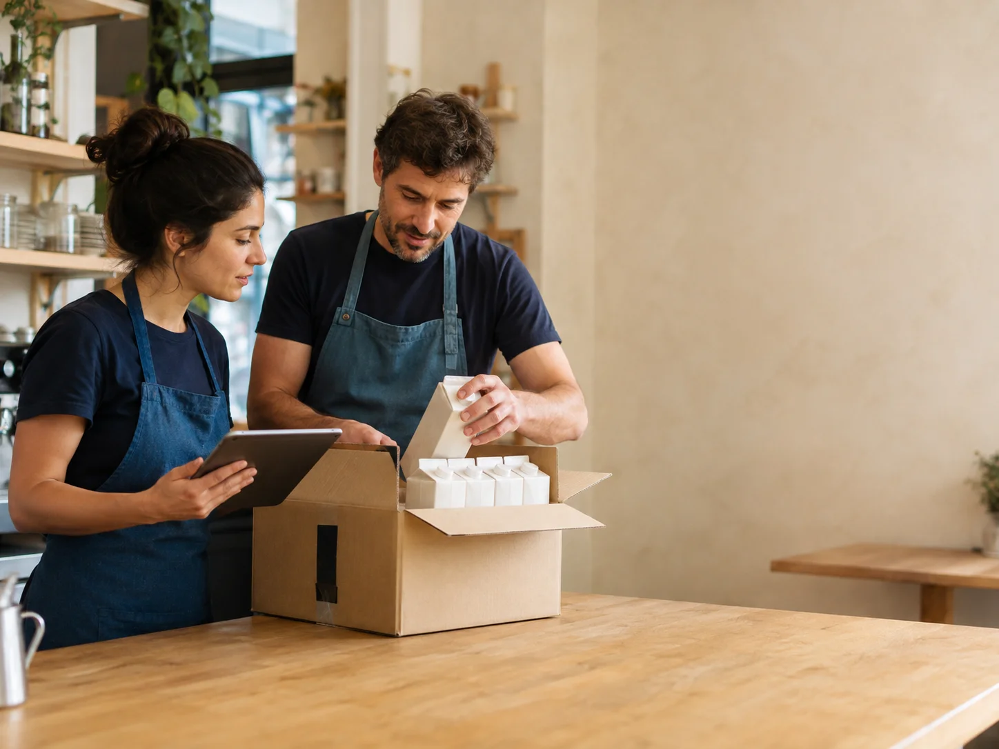 Café staff checking cartons in a supplier delivery