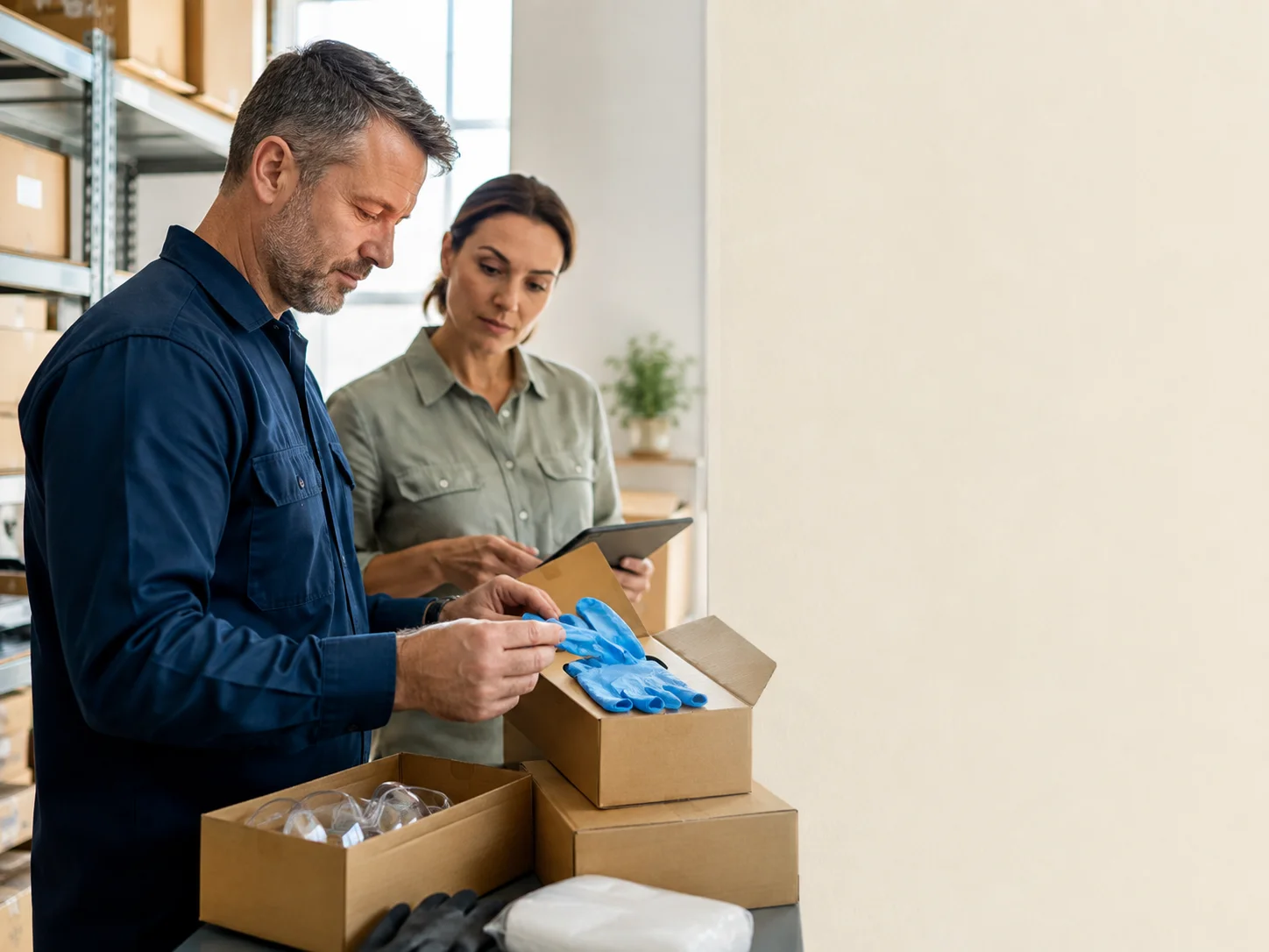 Stockroom operators reviewing a purchase request